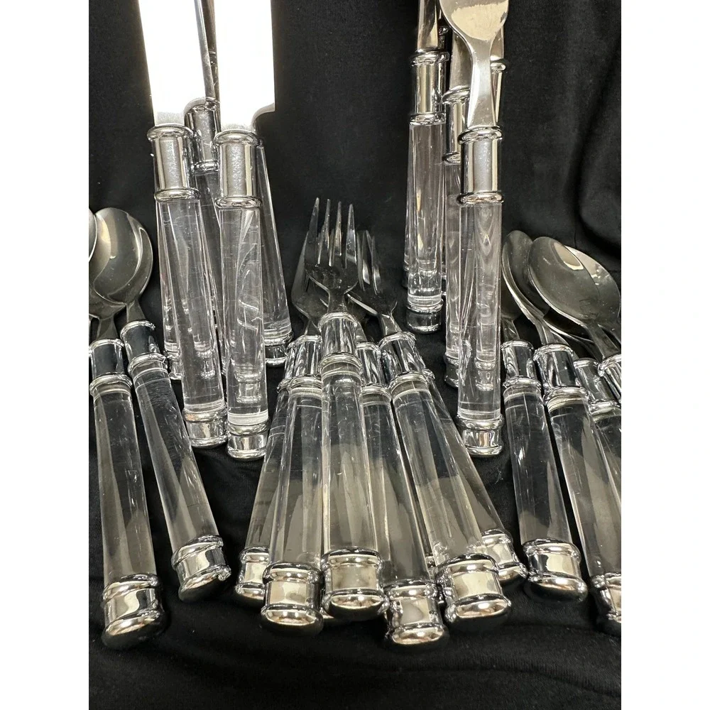 Vintage Look 32 Pce Set Flatware Clear Acrylic Handles Stainless Steel Plus Tray